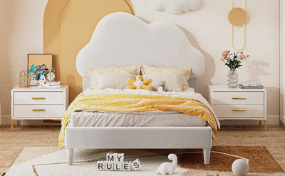 Twin Size Upholstered Cloud-Shape Bed ,Velvet Platform Bed with Headboard,No Box-spring Needed,Beige - Korvel