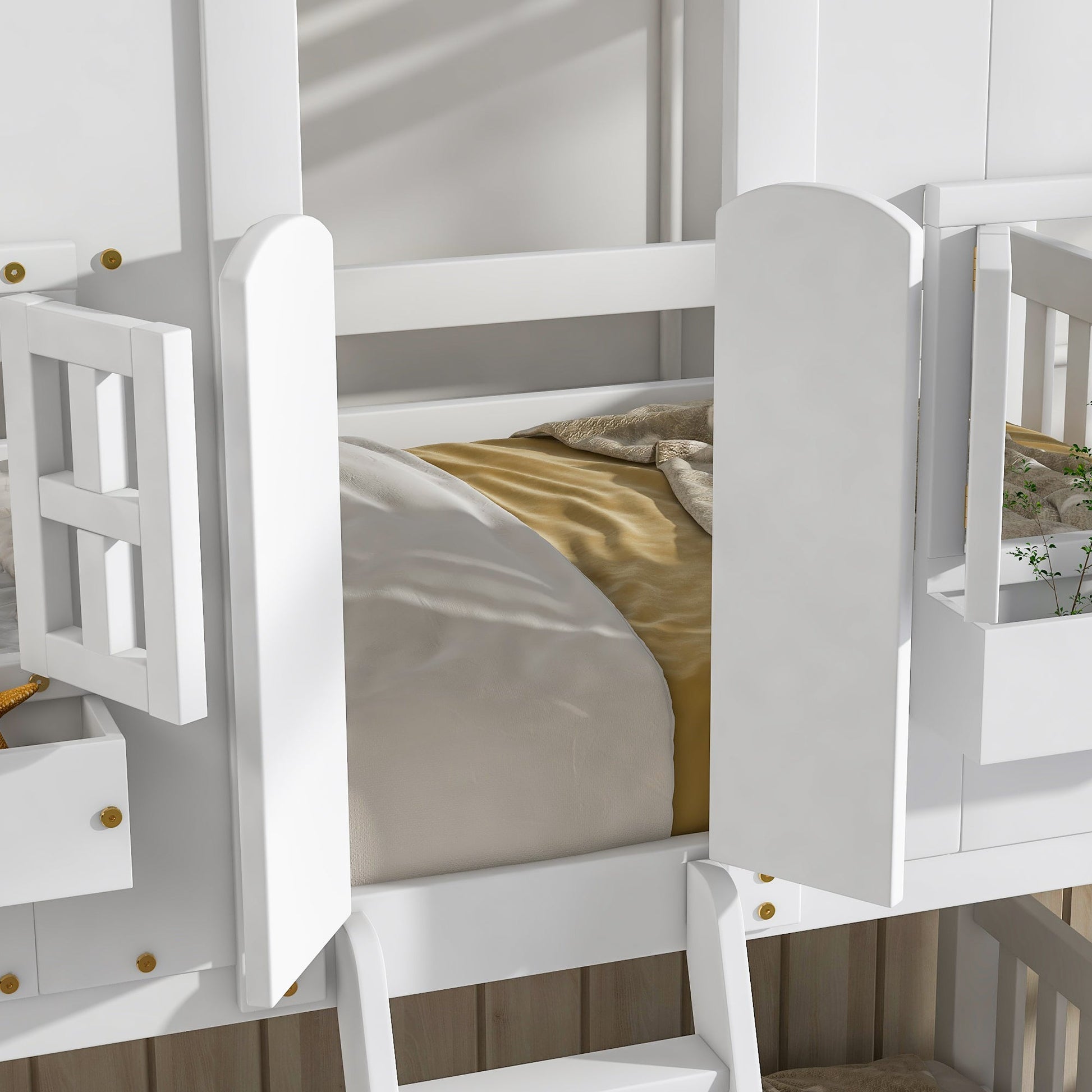 Twin over Twin House Bunk Bed with Roof , Window, Window Box, Door , with Safety Guardrails and Ladder,White - Korvel