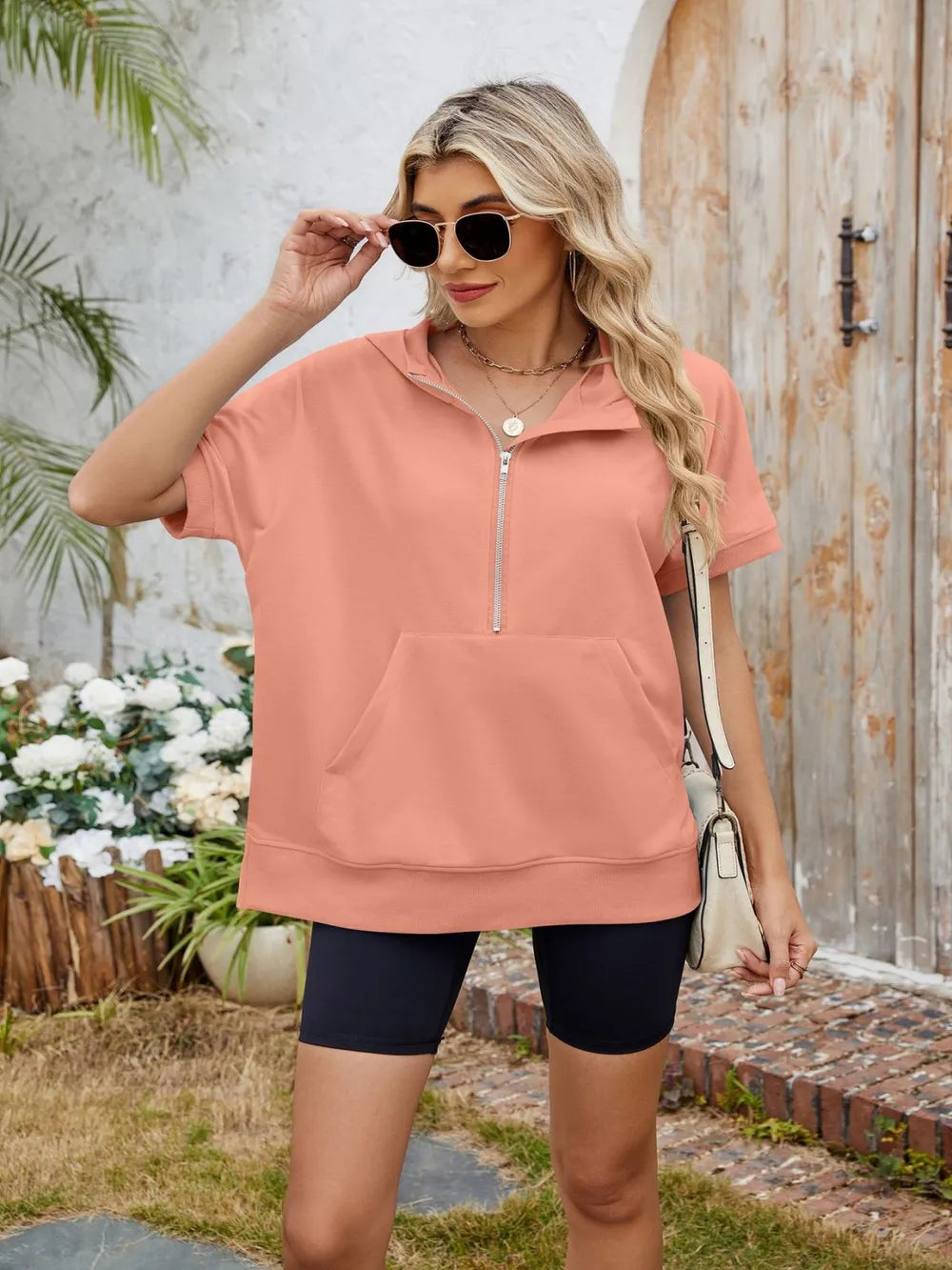 Half Zip Short Sleeve Hooded Top - Korvel
