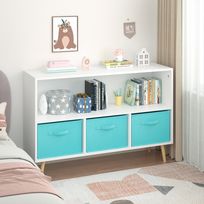 Kids bookcase with Collapsible Fabric Drawers Children's Book Display Toy Storage Cabinet Organizer White/Blue - Korvel