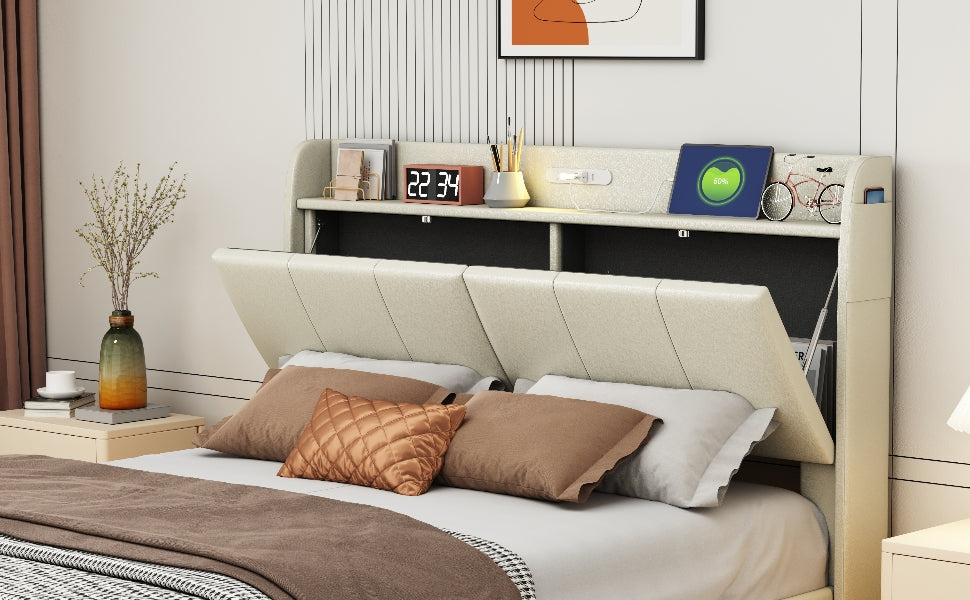 Large floating bed frame with storage headboard, touch sensor, night light and USB charger, padded platform bed, beige color - Korvel