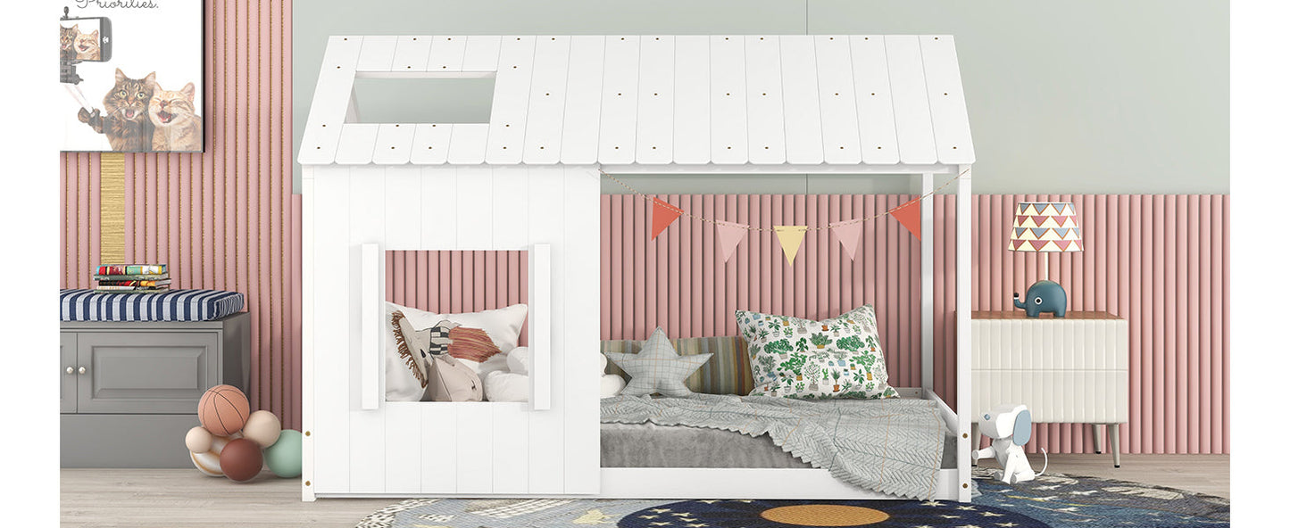 Twin Size House Bed with Roof and Window - White - Korvel