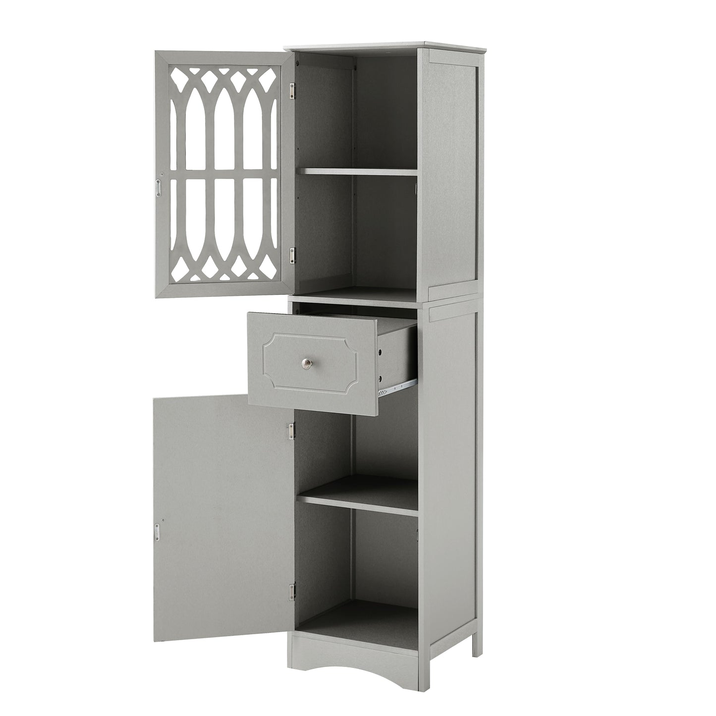 Tall Bathroom Cabinet, Freestanding Storage Cabinet with Drawer and Doors, MDF Board, Acrylic Door, Adjustable Shelf, Grey - Korvel