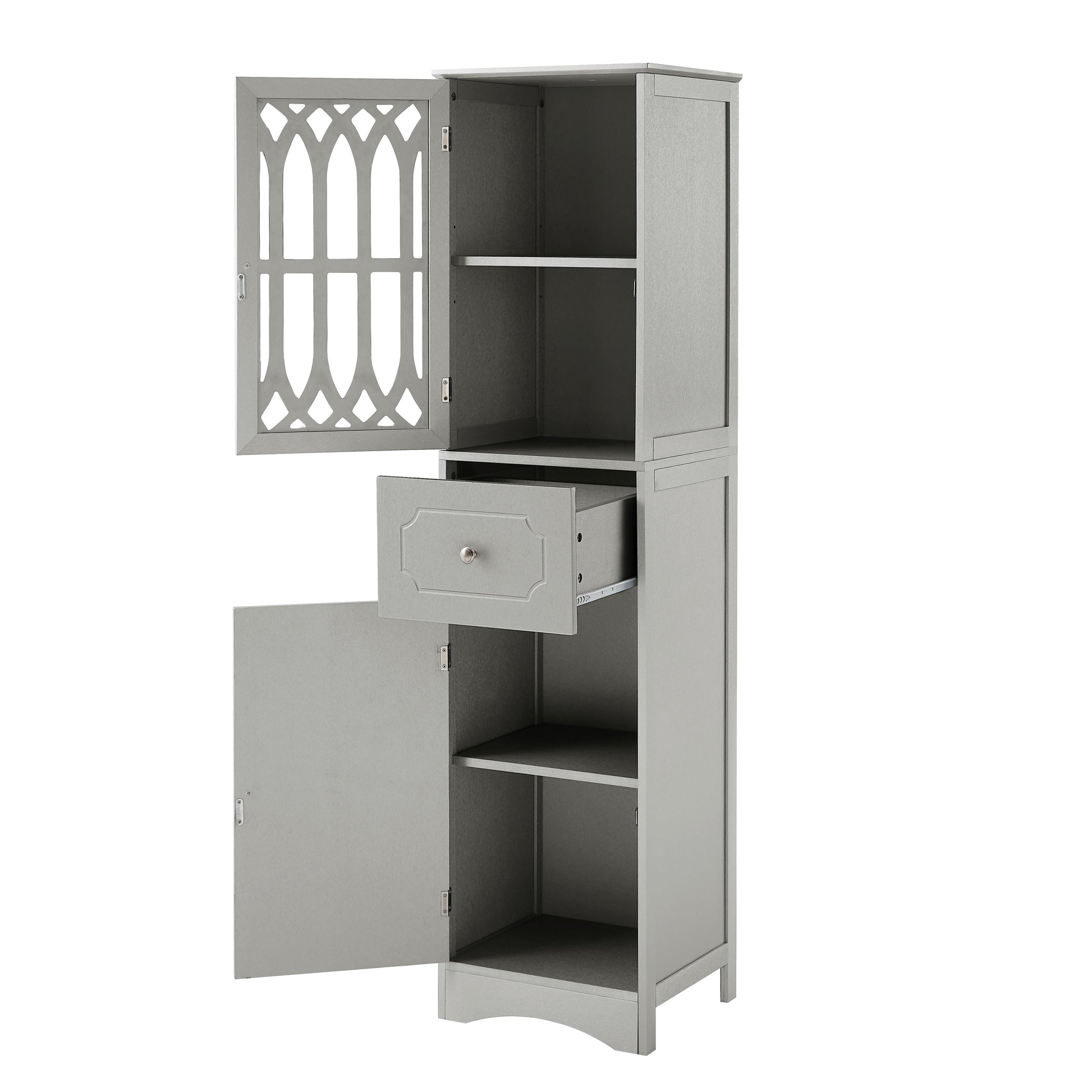 Tall Bathroom Cabinet, Freestanding Storage Cabinet with Drawer and Doors, MDF Board, Acrylic Door, Adjustable Shelf, Grey - Korvel
