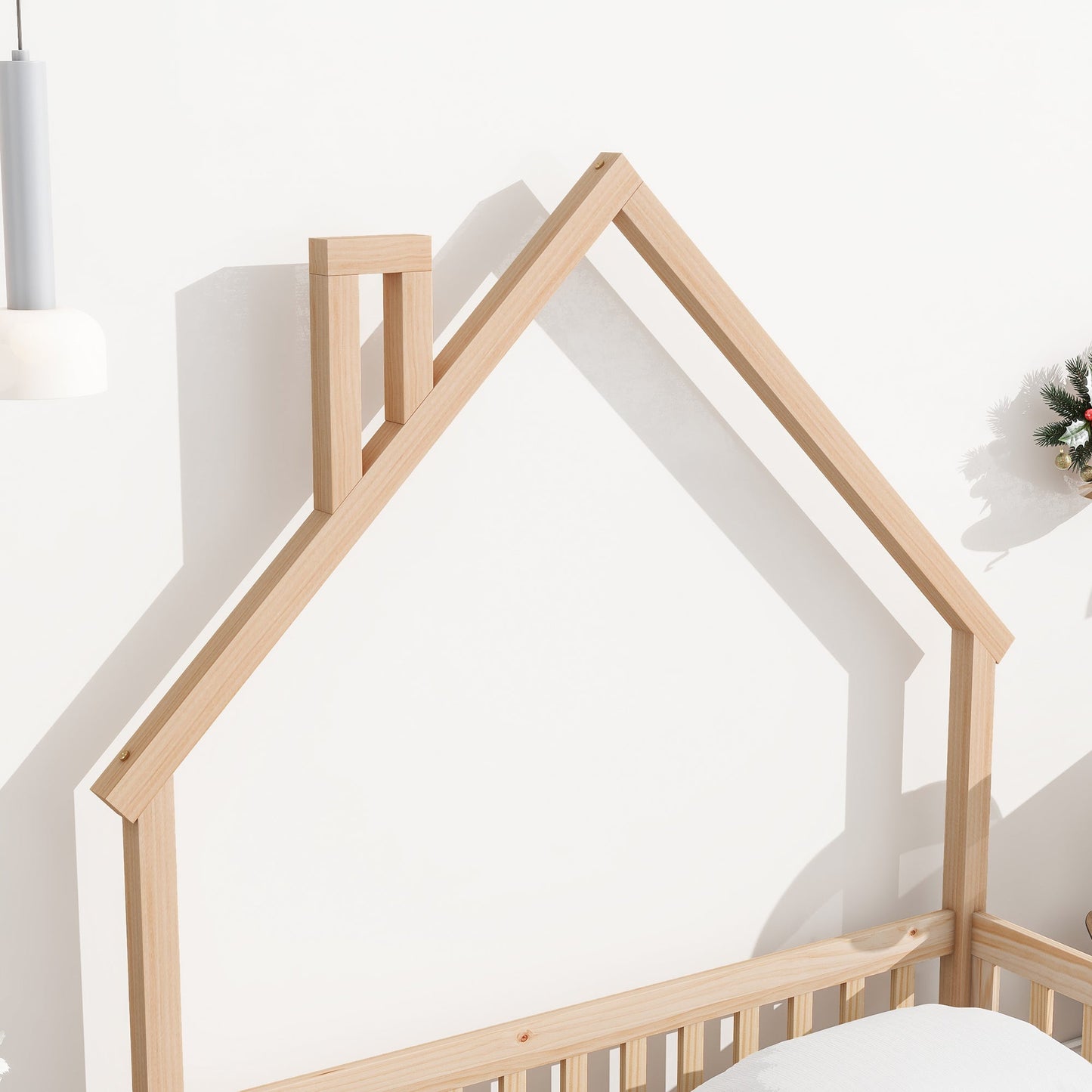 Full House-Shaped Headboard Floor Bed with Fence - Natural