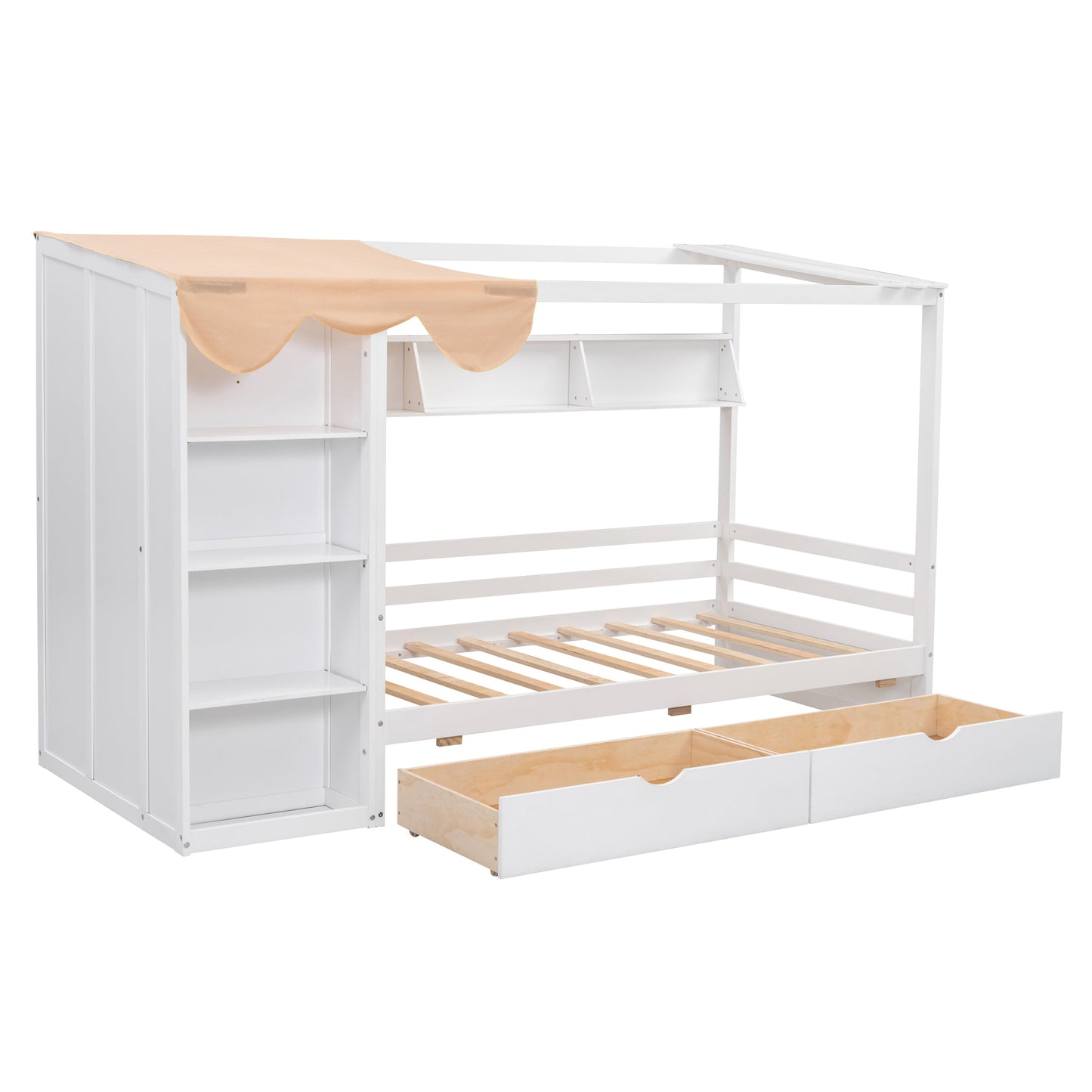 Twin Size House Bed with Two Drawers and Wardrobe - White
