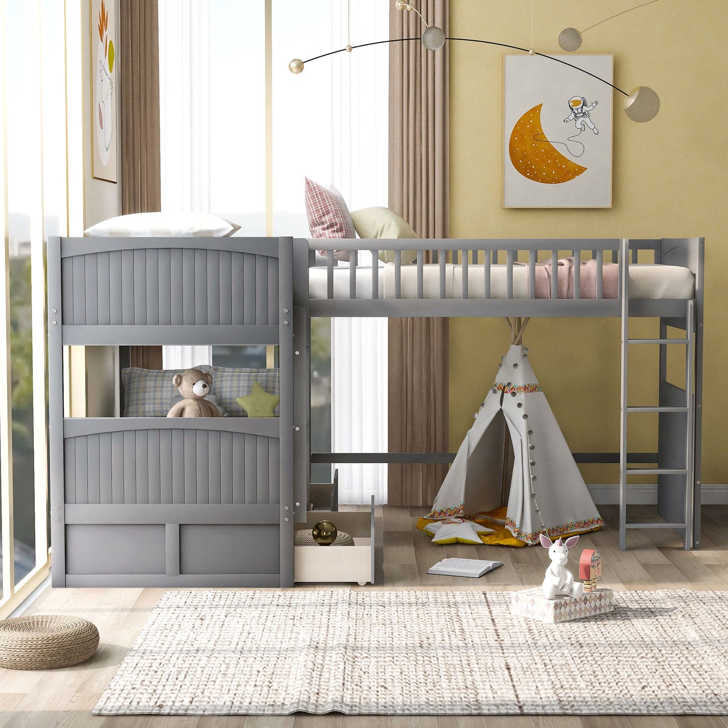 Twin Size Bunk Bed with a Loft Bed attached, with Two Drawers,Gray - Korvel
