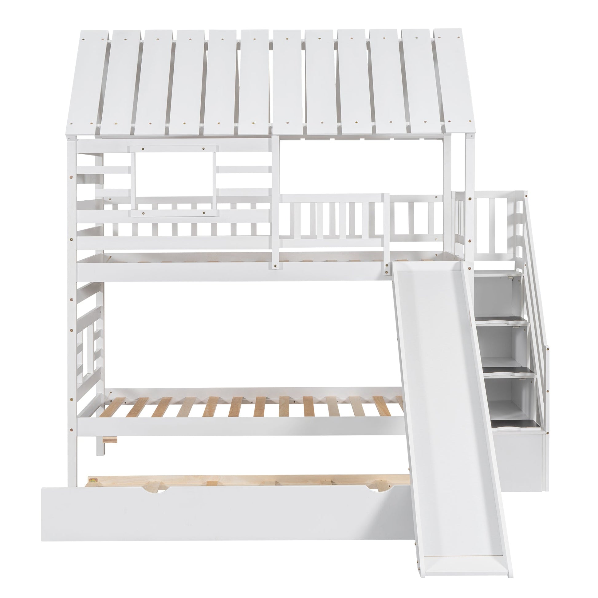 Twin over Twin House Bunk Bed with Trundle and Slide Storage Staircase Roof and Window Design  White - Korvel