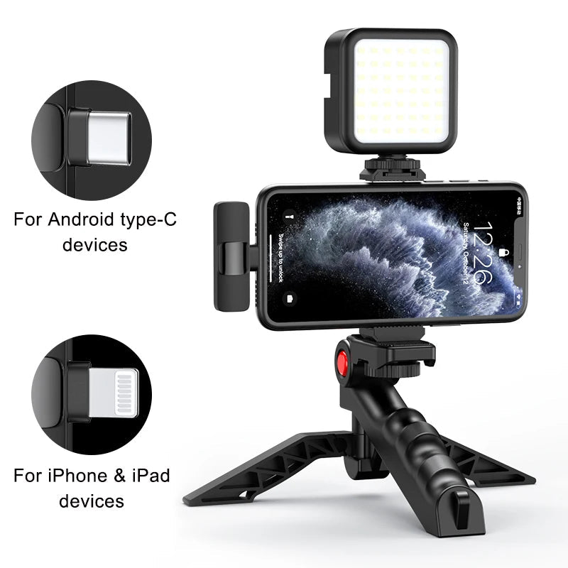 MAMEN Wireless Vlogging Kit Phone Tripod with Lavalier Microphone LED Light for iPhone Android Smartphone Live Streaming Toolkit - Korvel