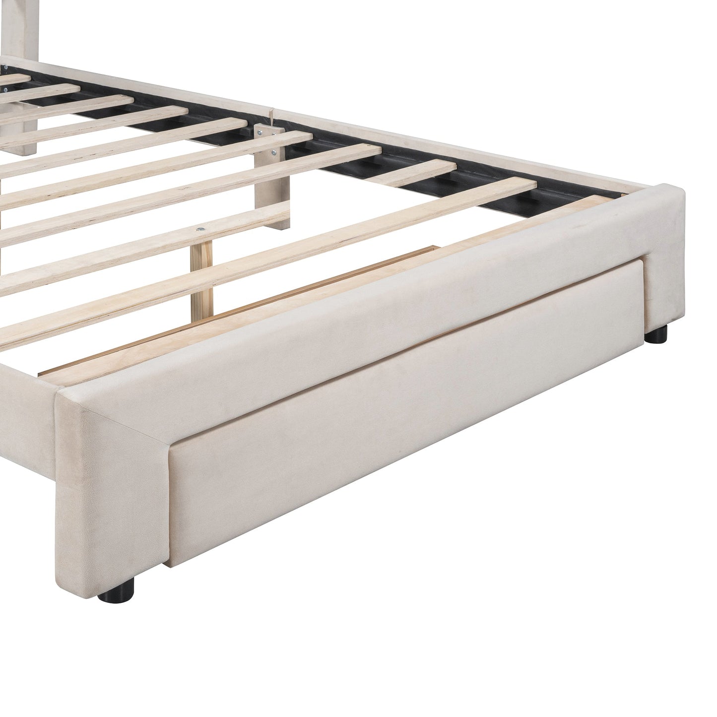 Queen Size Storage Bed Velvet Upholstered Platform Bed with a Big Drawer - Beige - Korvel