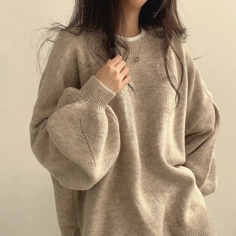 Pull en maille à col rond à manches lanternes pour femmes