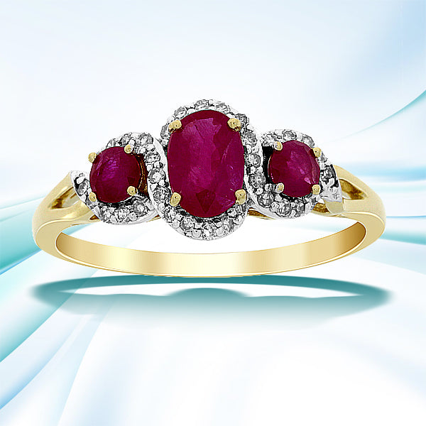 Anillo de 3 piedras con rubí y diamantes de 1.04ct en oro amarillo de 14KT