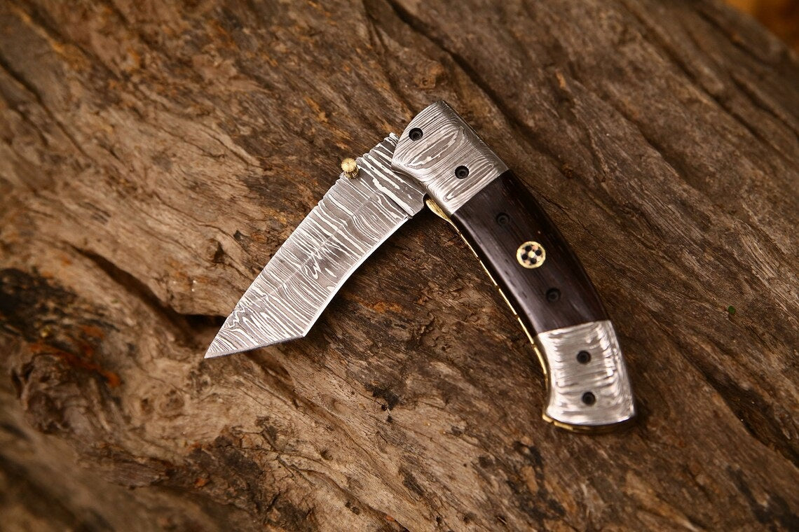 Artisan Crafted Damascus Steel Tanto Folding Knife | 3-Inch Blade, Wenge Wood Handle, Leather Sheath | Ideal Groomsman Gift - Korvel