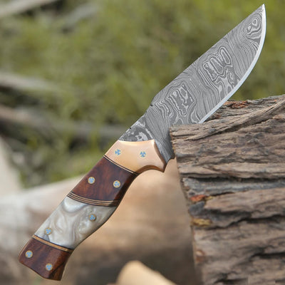 Premium Custom Damascus Steel Hunting Knife with Unique Epoxy Pearl Handle & Leather Sheath - Korvel