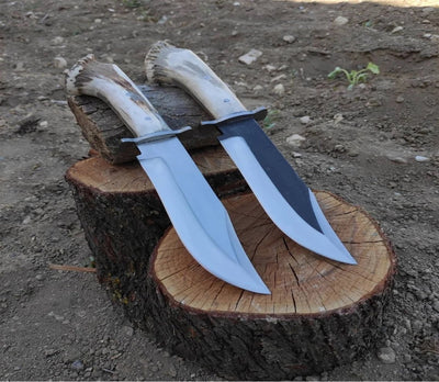 Custom 1095 High-Carbon Bowie Knife with Deer Horn Handle & Leather Sheath - Korvel