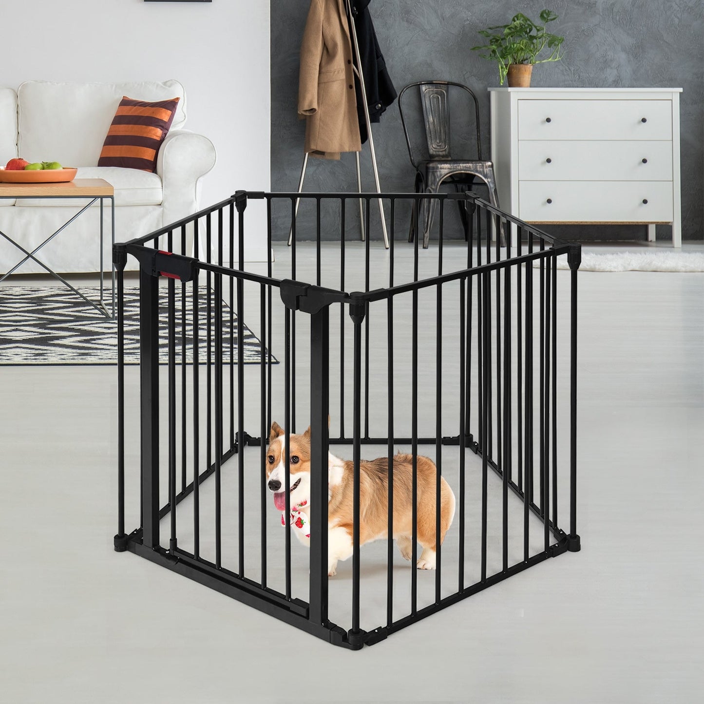 115 Inch 5 Panel Adjustable Fireplace Fence - Black