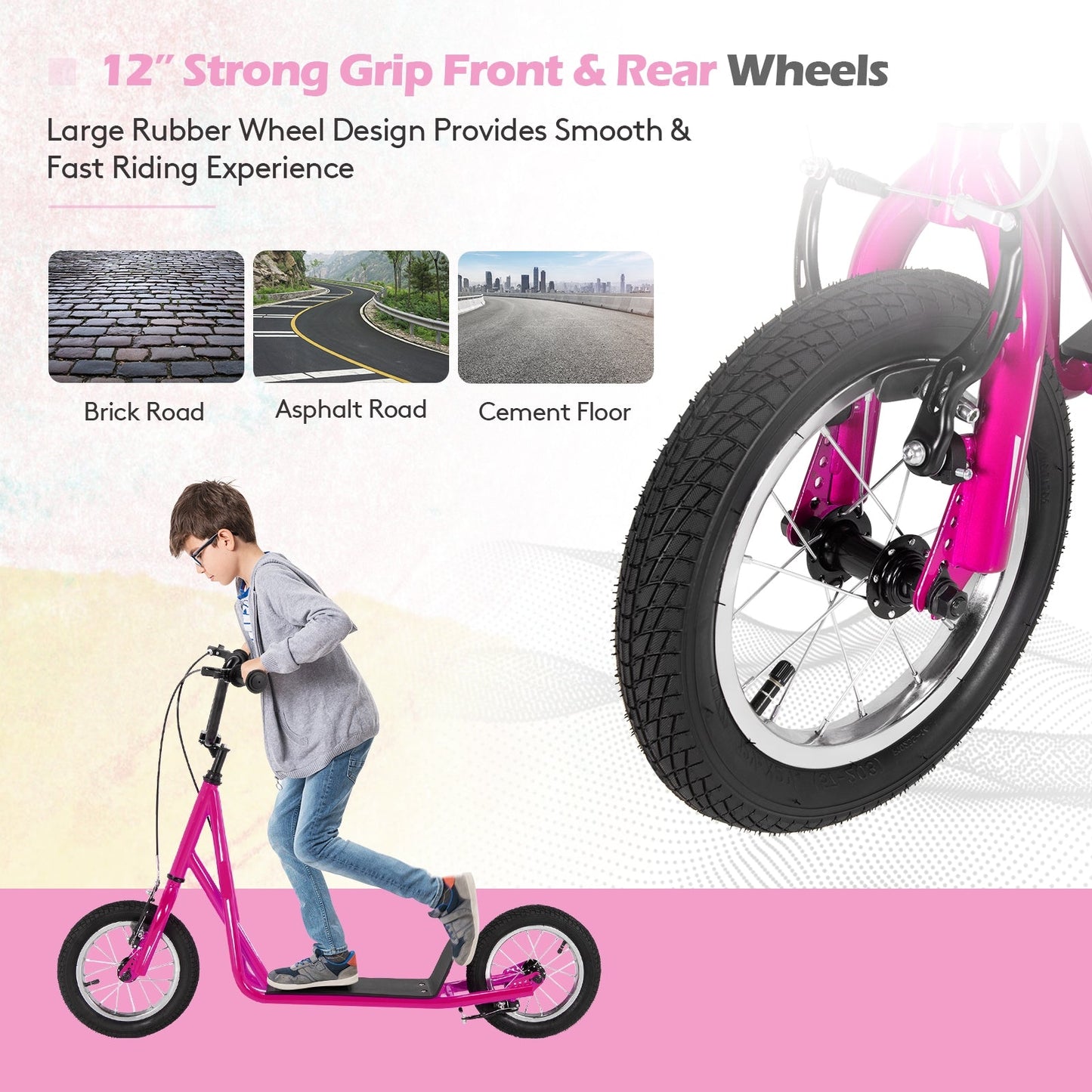 Height Adjustable Pink Kick Scooter with 12-Inch Wheels