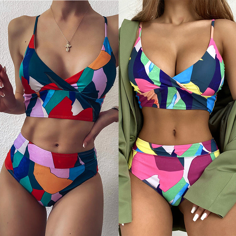 Geometric Colorful Ruffled Bikini Set for Women