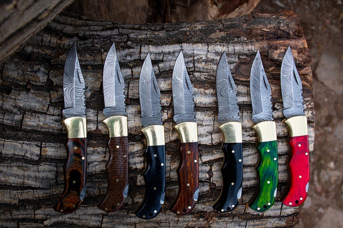 Custom Damascus Folding Pocket Knives - 7 Unique Designs with Colorful Wood Handles - Korvel