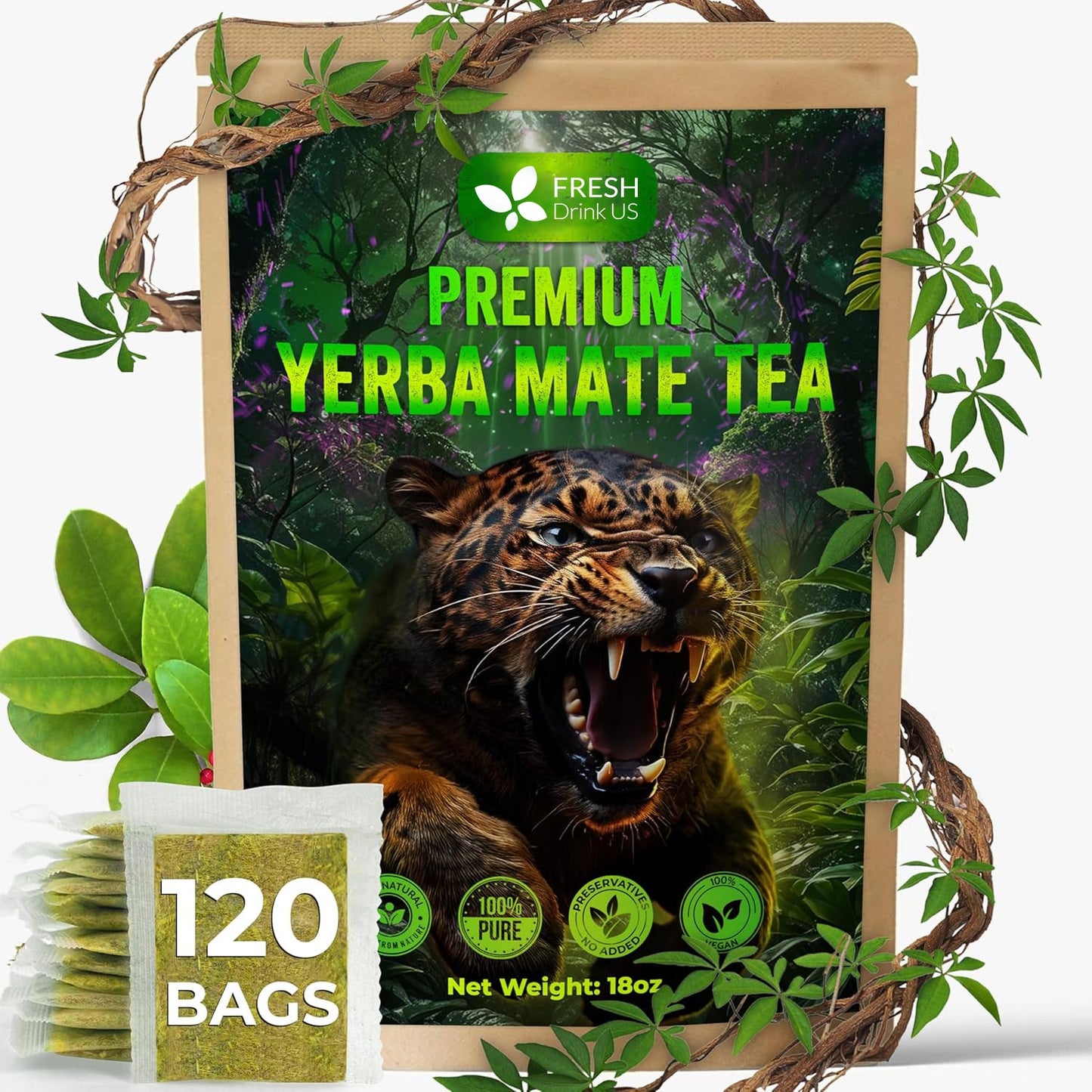 Yerba Mate Tea Bags, Hi-Caffeine, Unsmoked Yerba Mate Tea Bags, Super-Green Yerba Mate, No Dust - Korvel
