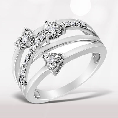 .925 Sterling Silver Diamond Heart Cross-Over Bypass Ring - Size 7
