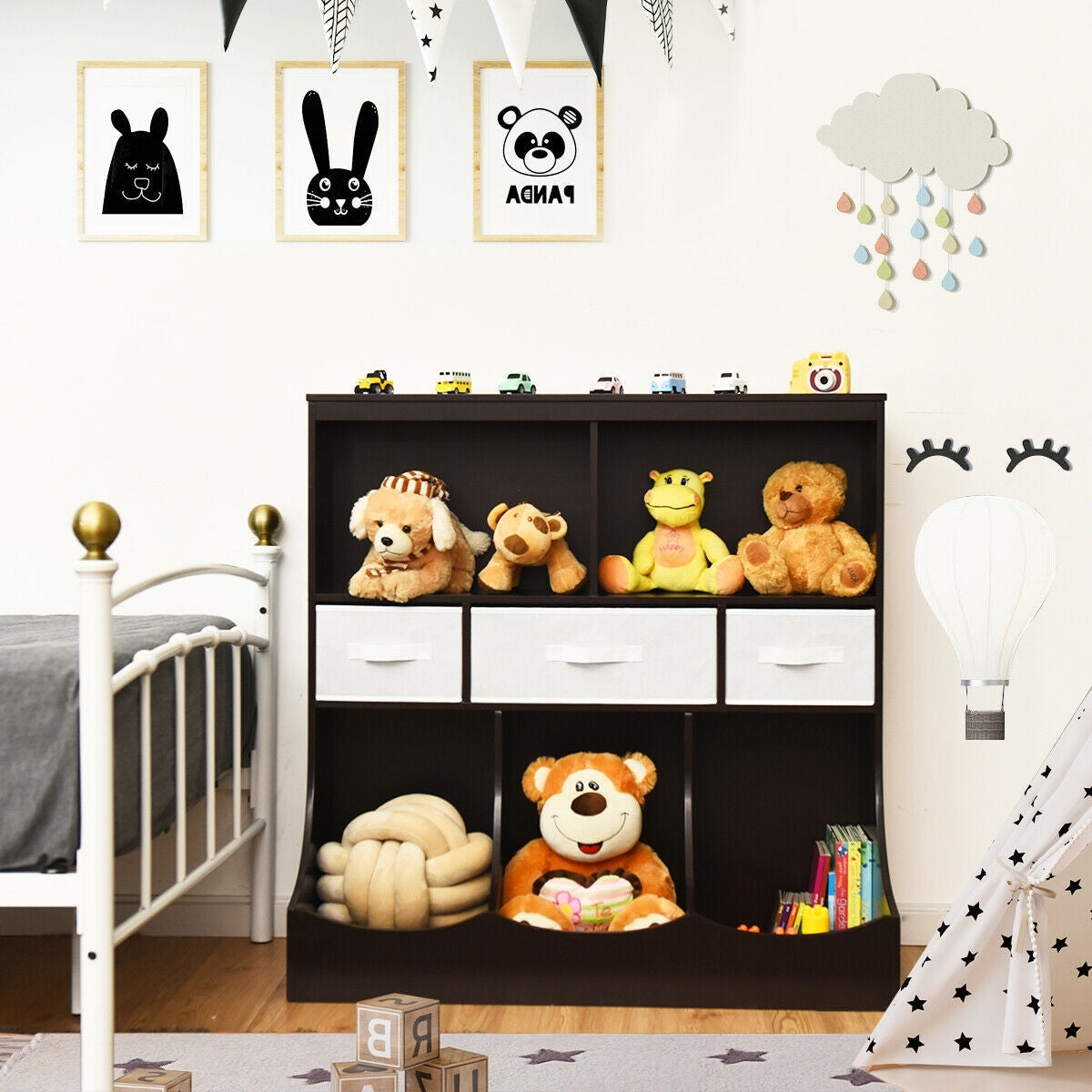 Freestanding Combo Cubby Bin Storage Organizer Unit with 3 Baskets - Brown