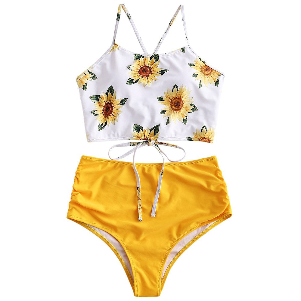 Conjunto de Bikini Floral de Cintura Alta para Mujeres