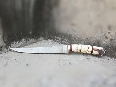 Exquisite Handmade Damascus Steel Fillet Knife with Stag Horn and Brass Guard - 12-Inch - Korvel