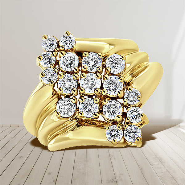 10K Yellow Gold 1.5 Cttw Diamond Cluster Cocktail Ring - Size 7