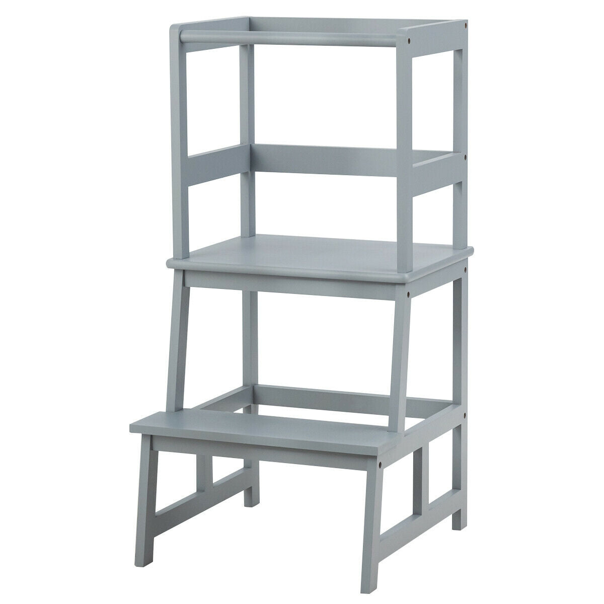 Kids Wooden Kitchen Step Stool with Safety Rail - Gray