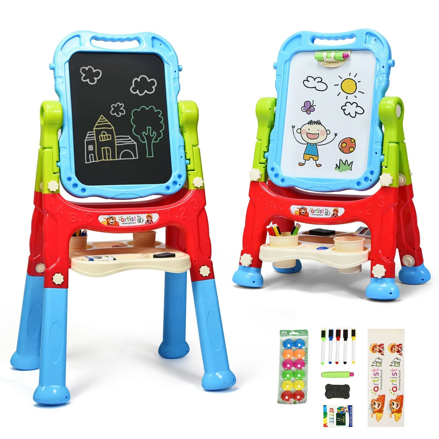 Height Adjustable Kids Art Easel - Magnetic Double Sided Board