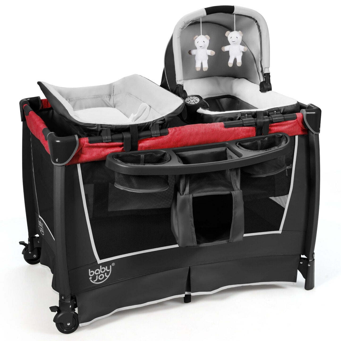 4-in-1 Convertible Portable Baby Play Yard with Toys & Music - Red