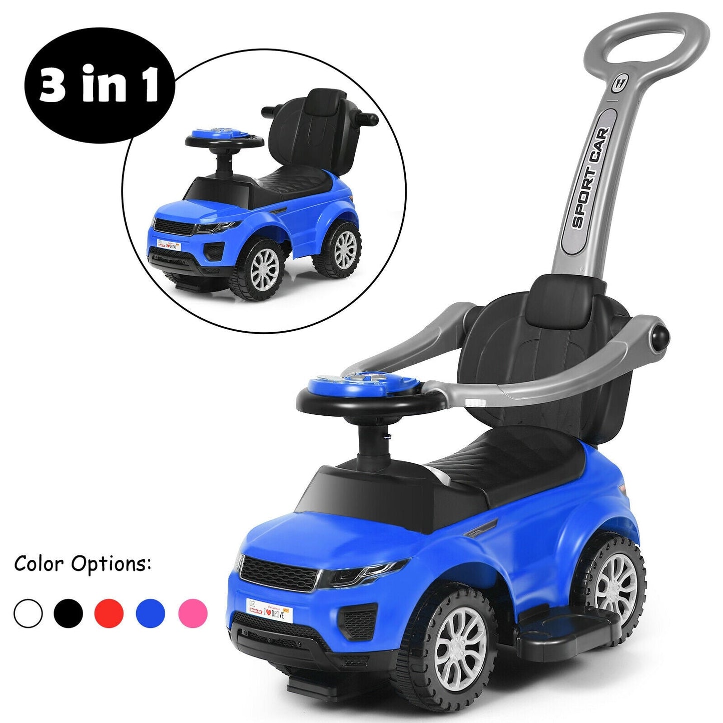 Poussette 3-en-1 pour Tout-Petit et Voiture à Pousser - Bleu