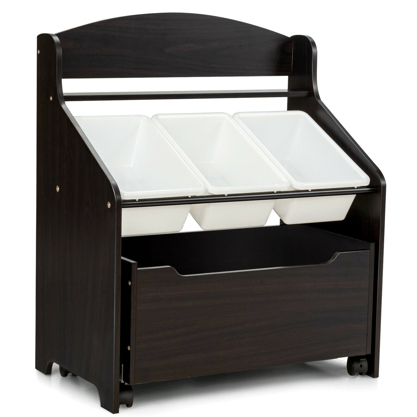 Unité de rangement en bois pour jouets pour enfants avec boîte à jouets roulante - Espresso