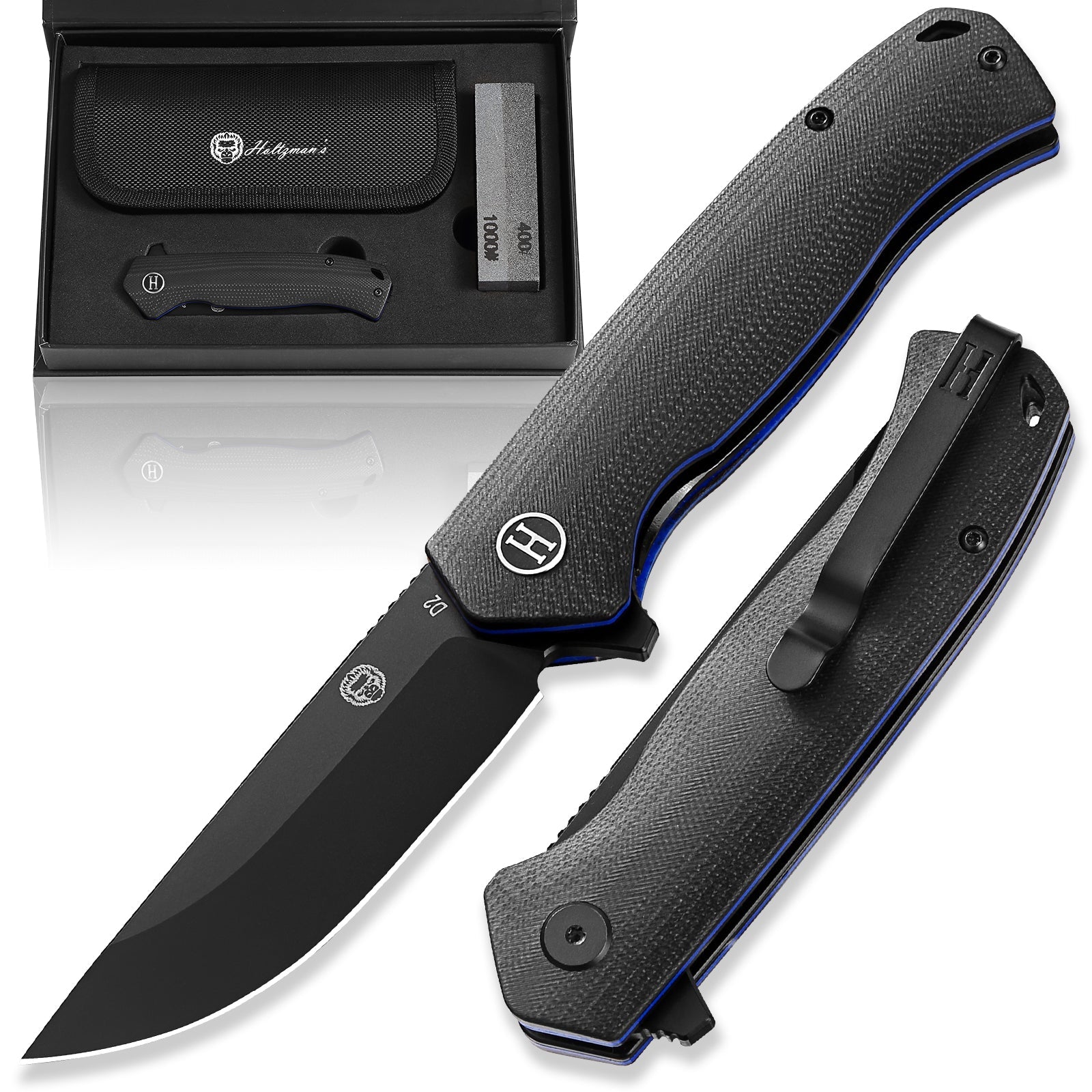 The Pathfinder Folding Pocket Knife Giftset for Men and Women (Black and Blue) - Korvel