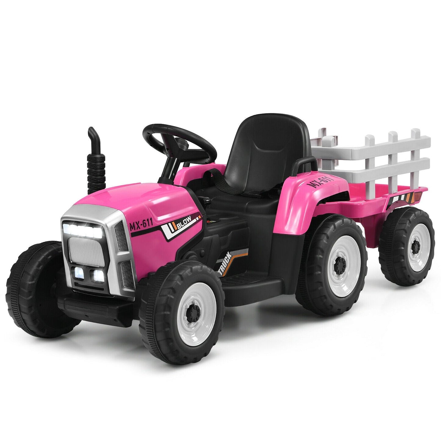 12V Pink Ride-On Tractor with Ground Loader for Kids 3+ Years