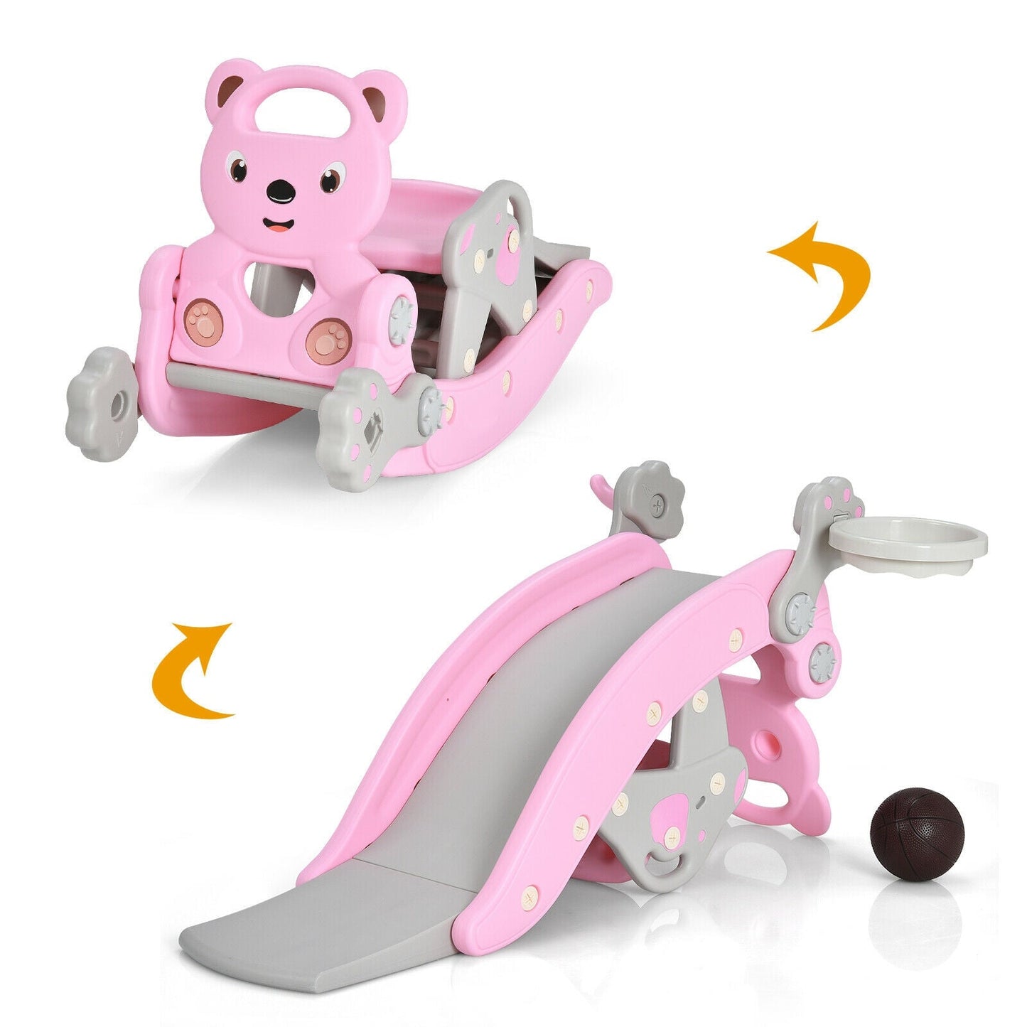 Aire de jeux 4-en-1 avec toboggan et cheval à bascule pour tout-petits - Rose