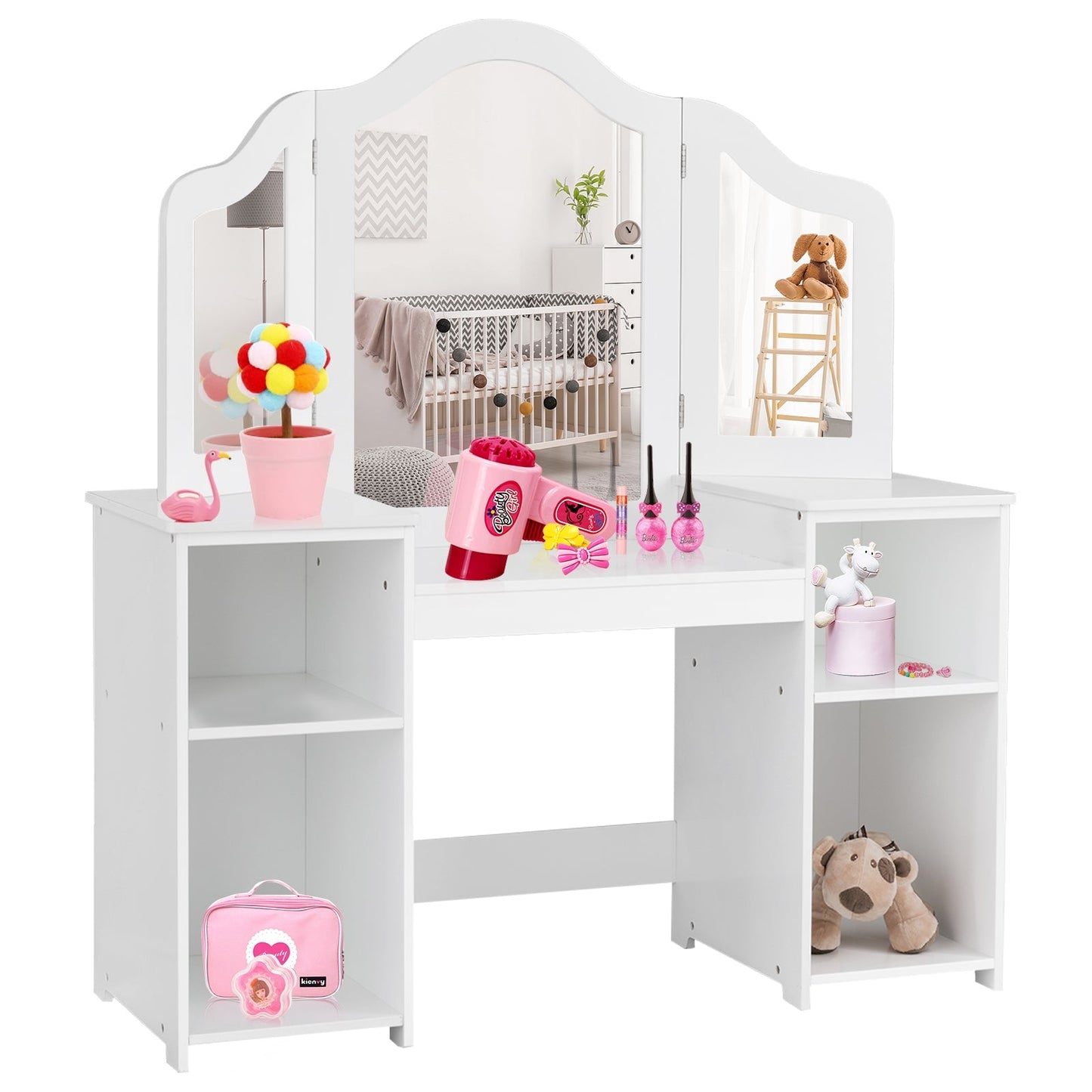 Kids Tri Folding Mirror Makeup Vanity Table Set - White