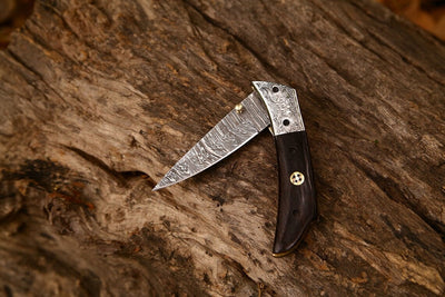 Personalized Damascus Steel EDC Folding Knife | 3-Inch Blade, Wenge Wood Handle, Leather Case | Unique Gift for Any Occasion - Korvel