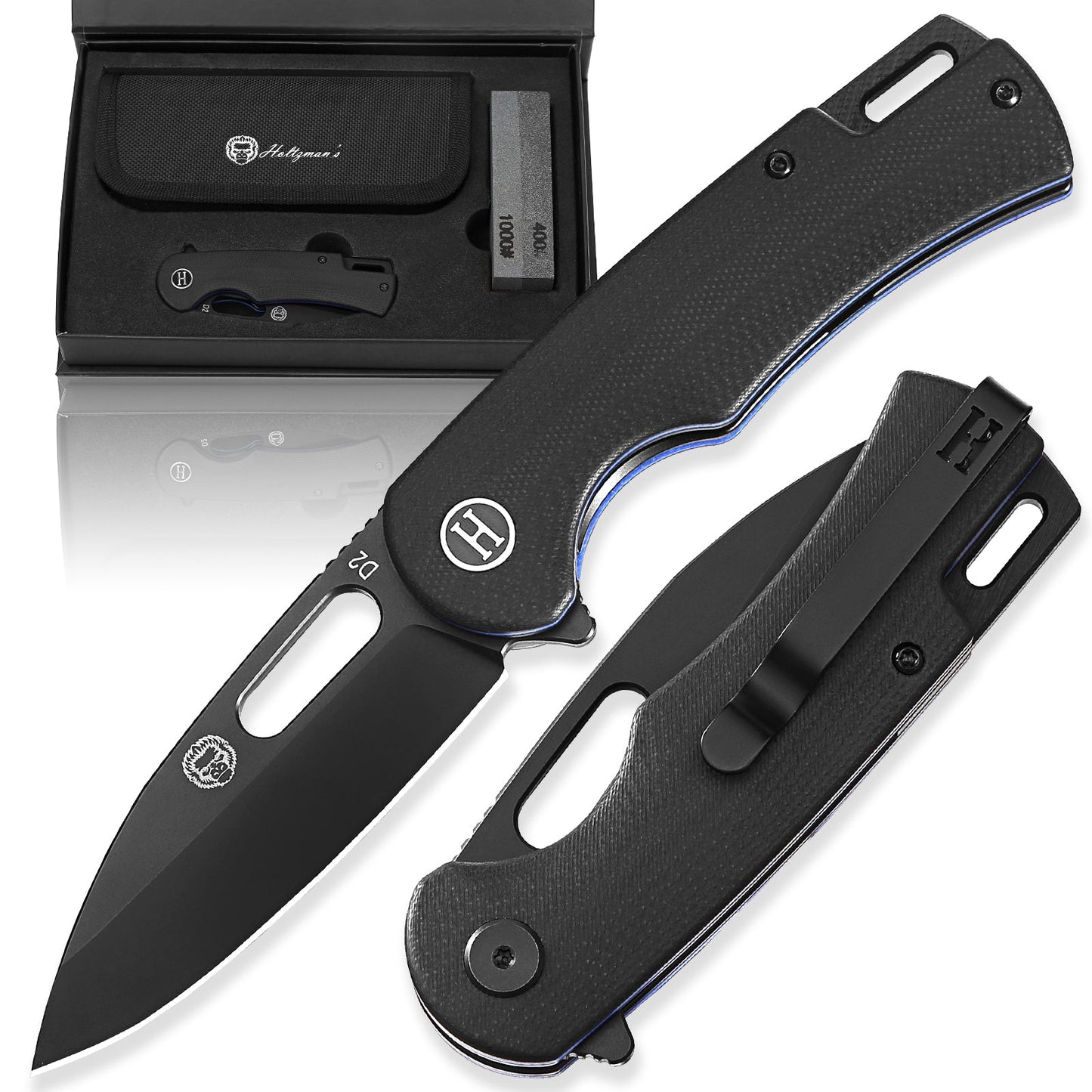 Venture Point Premium Folding Pocket Knife Gift Set for Adventurers (Black & Blue) - Korvel