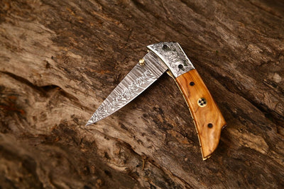 Custom Handcrafted Damascus Steel EDC Folding Knife | 3-Inch Blade, Olive Wood Grip, Leather Sheath | Perfect Gift - Korvel