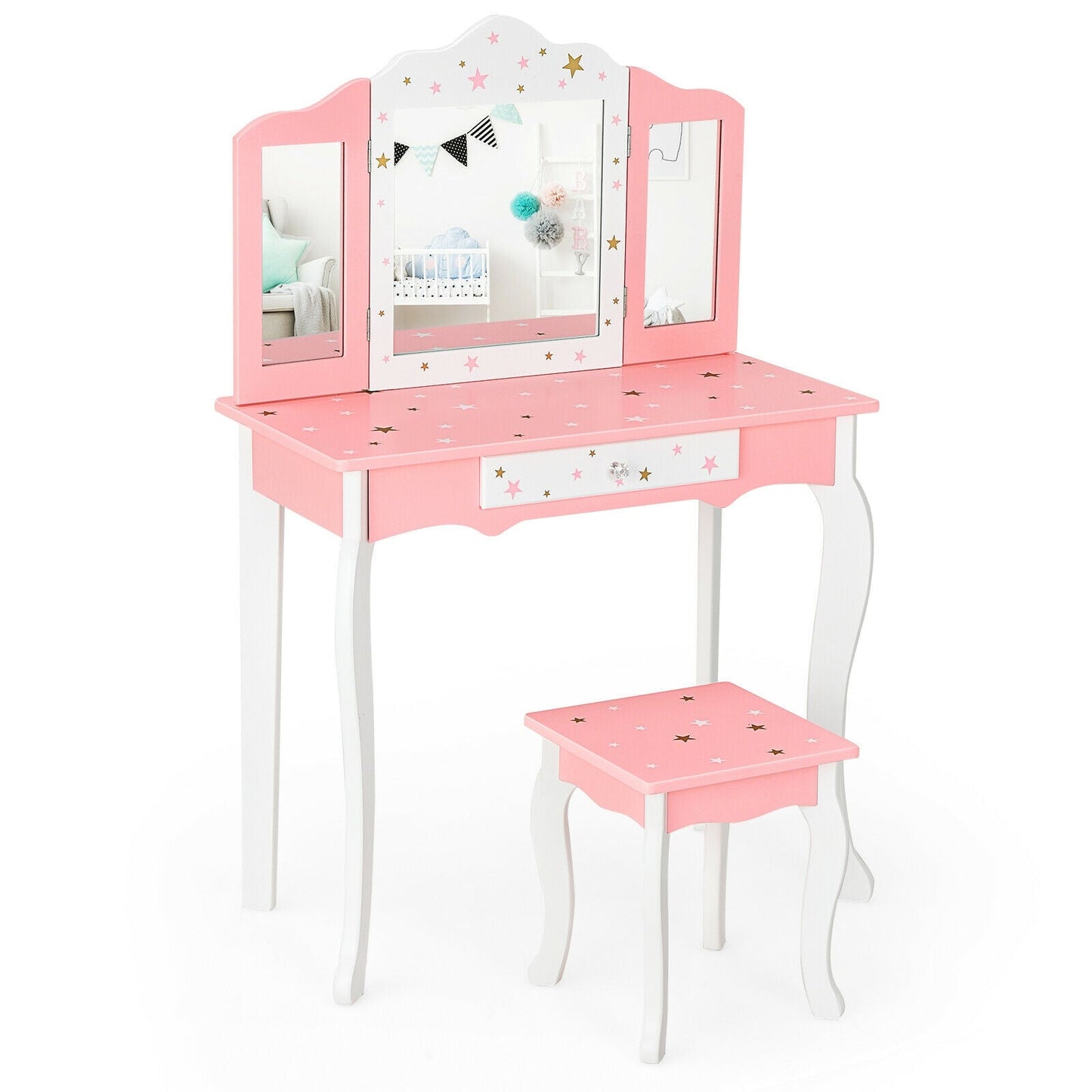 Kids Princess Vanity Table and Stool Set - Pink
