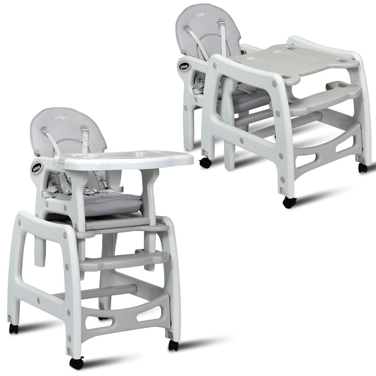 3-in-1 Convertible Baby High Chair with Lockable Wheels - Gray
