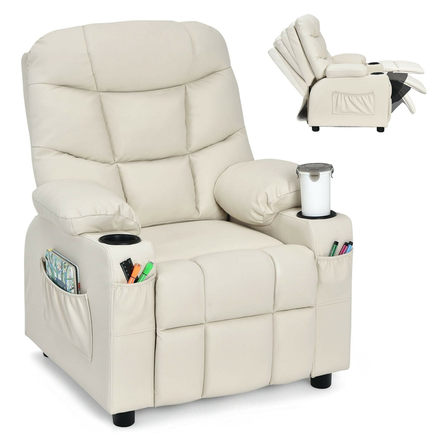 Fauteuil inclinable pour enfants avec porte-gobelet et repose-pieds - Beige