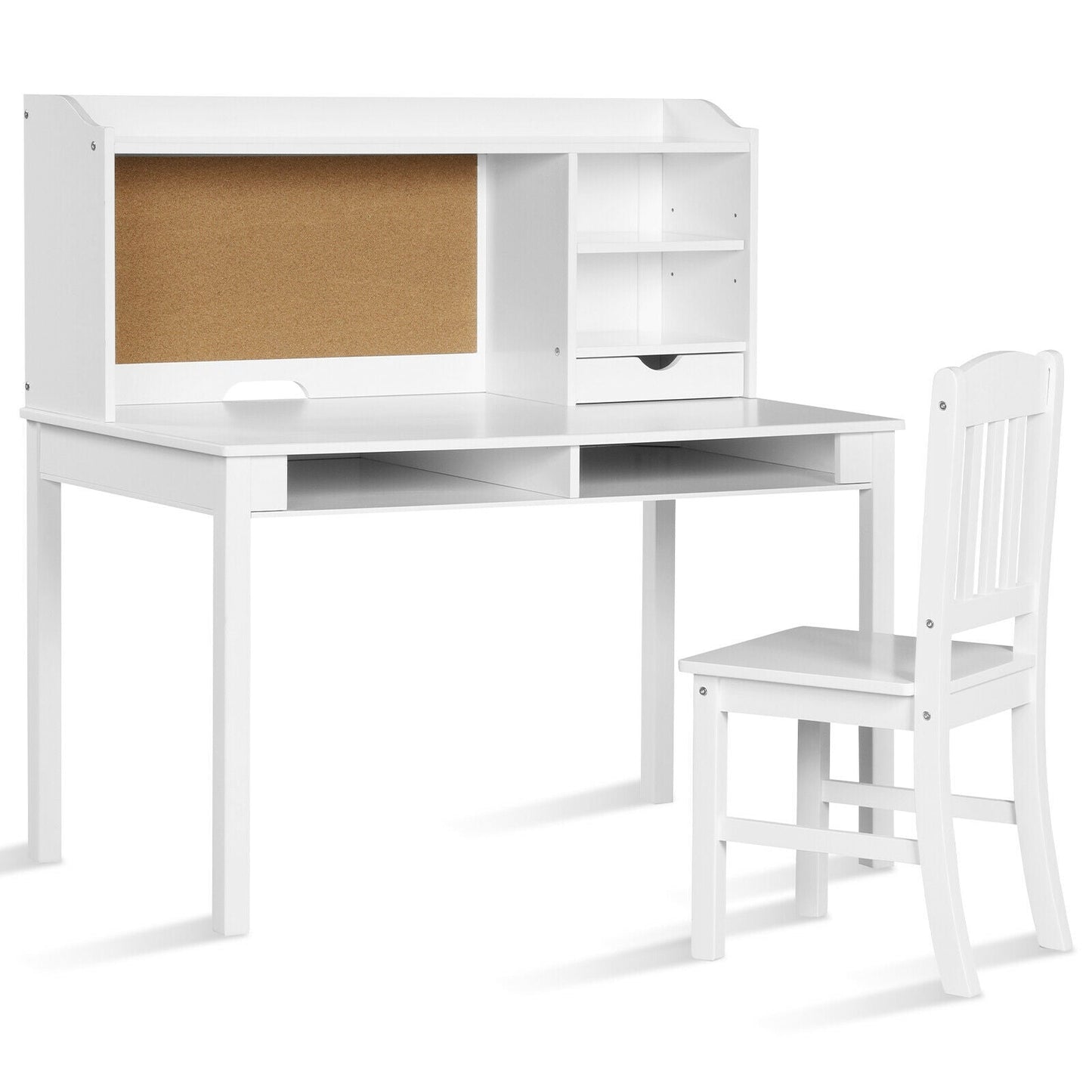 Kids Desk and Chair Set with Hutch and Bookshelves - White