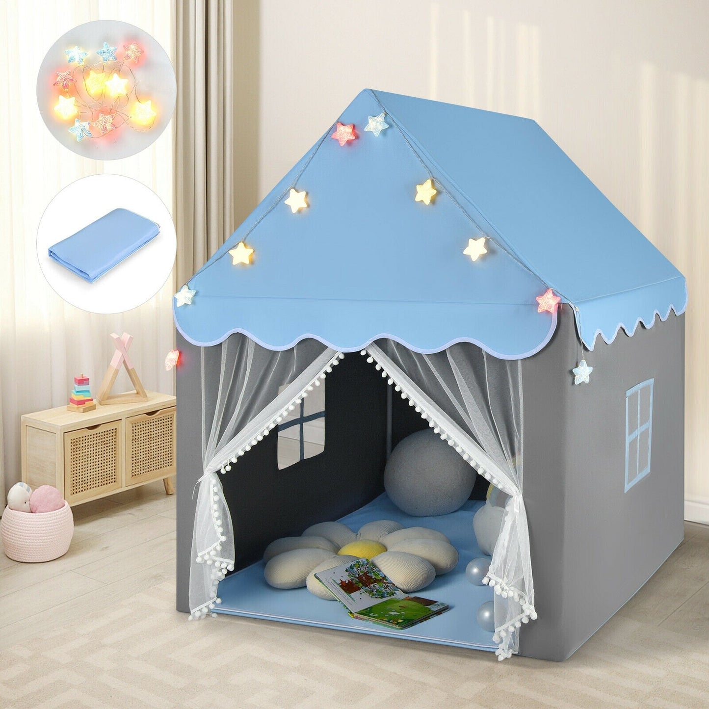 Kids Playhouse Tent with Colorful Star Lights and Mat - Blue
