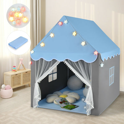 Kids Playhouse Tent with Colorful Star Lights and Mat - Blue