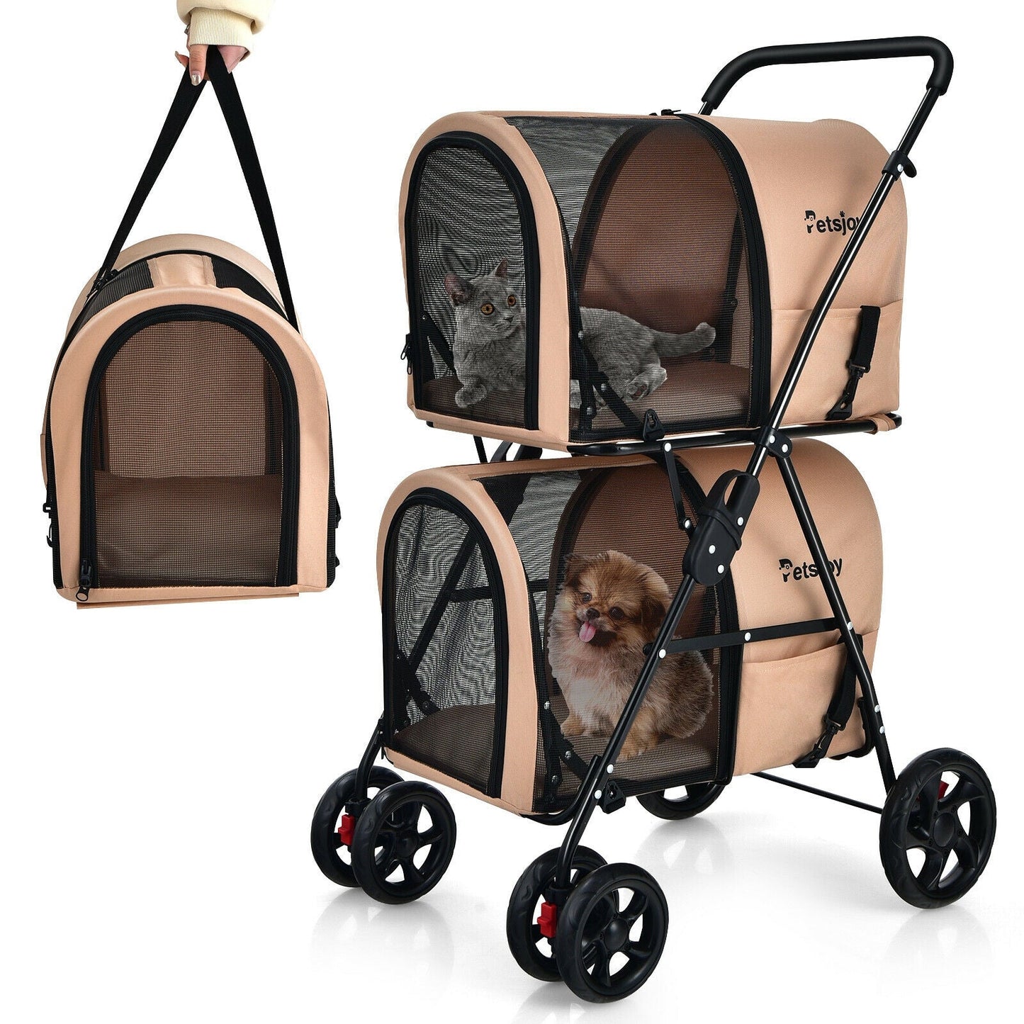 Carrito de Mascotas Doble 4 en 1 con Transportín Desmontable - Beige