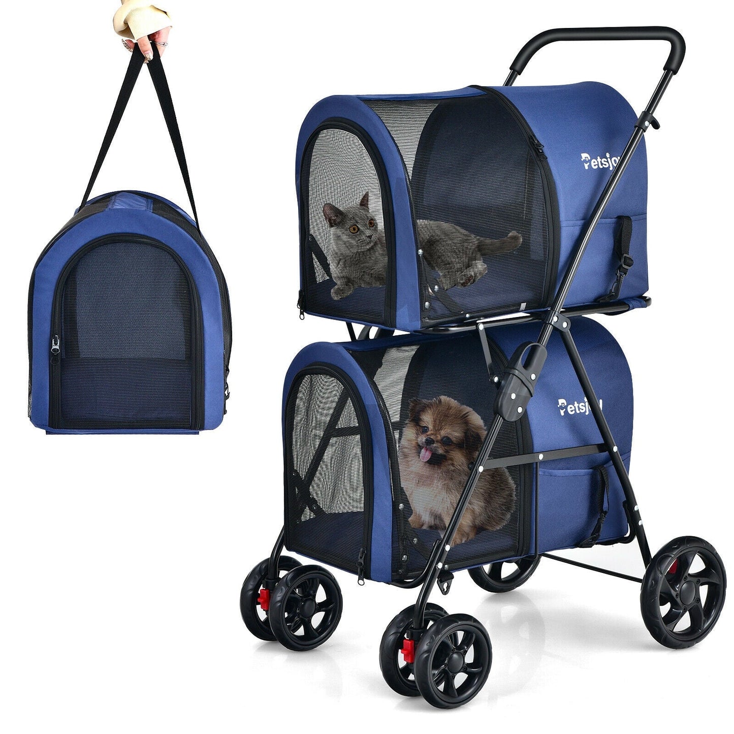 4-in-1 Double Pet Stroller with Detachable Carrier - Blue