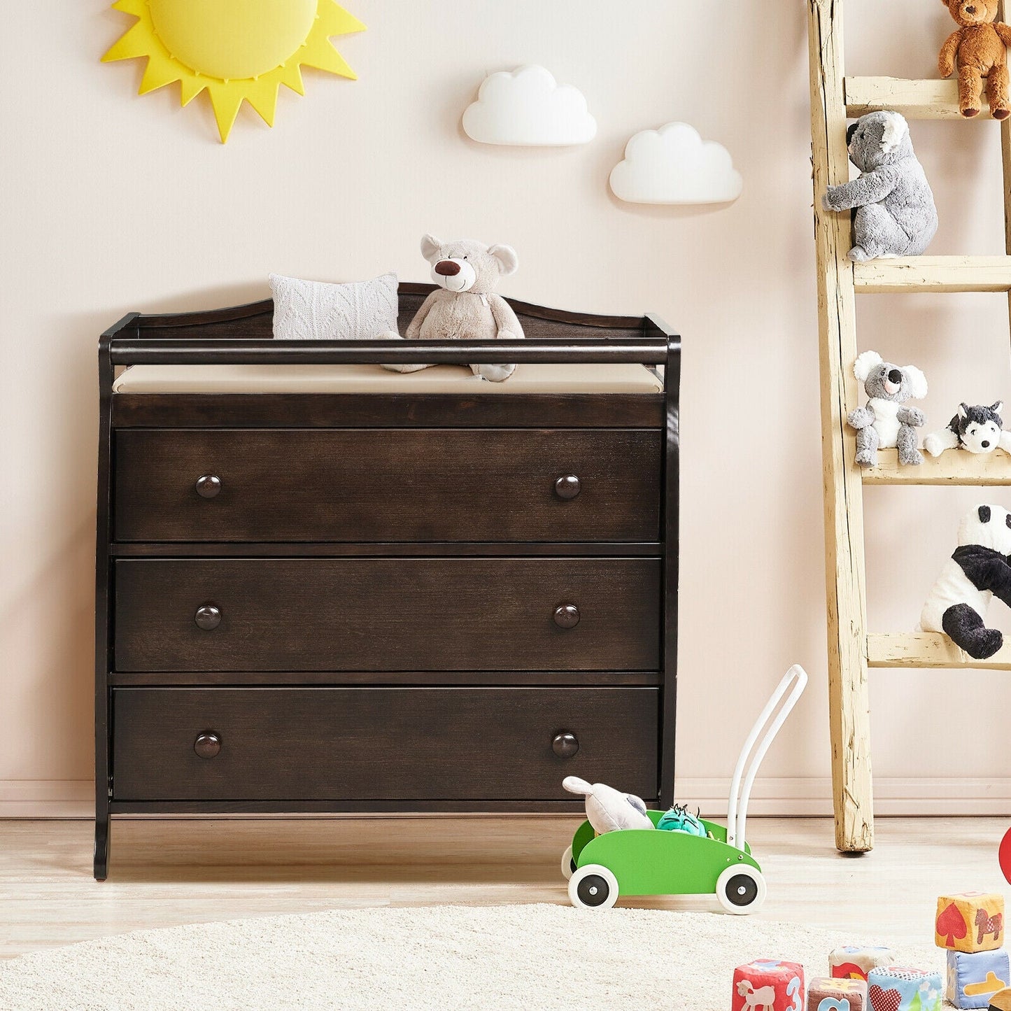 Premium Baby Changing Table with 3 Drawers and Safety Belt - Brown